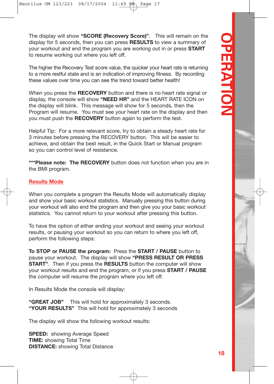 Opera tion | Schwinn 223 User Manual | Page 17 / 40