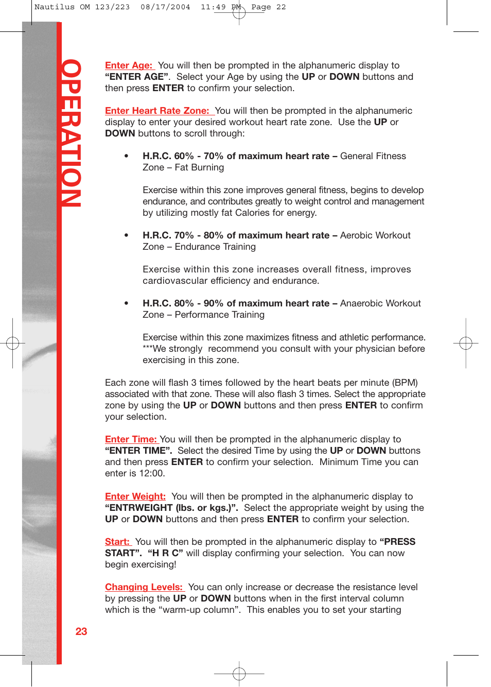 Opera tion | Schwinn 223 User Manual | Page 22 / 40