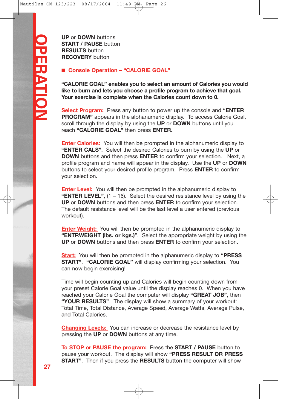 Opera tion | Schwinn 223 User Manual | Page 26 / 40