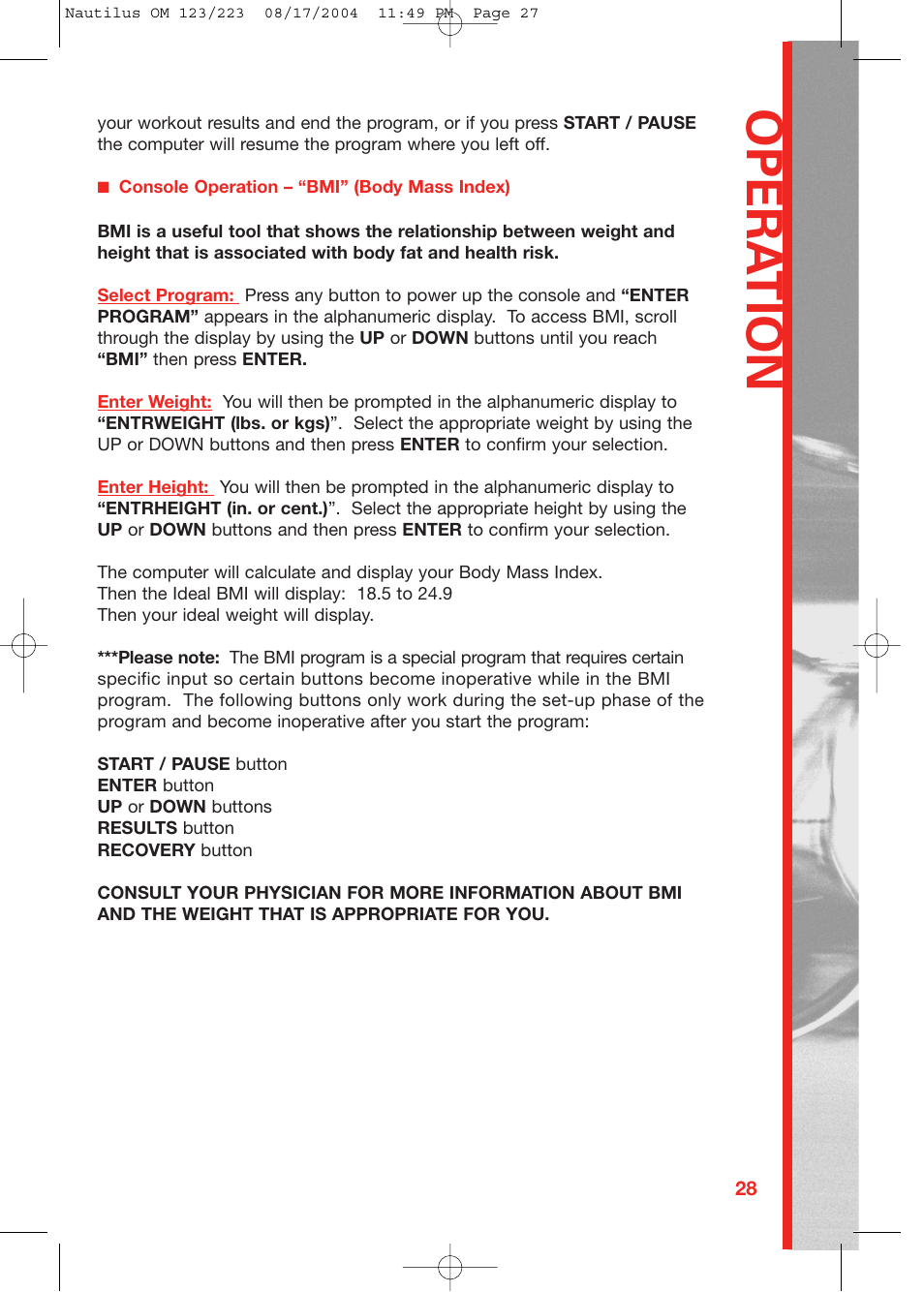 Opera tion | Schwinn 223 User Manual | Page 27 / 40