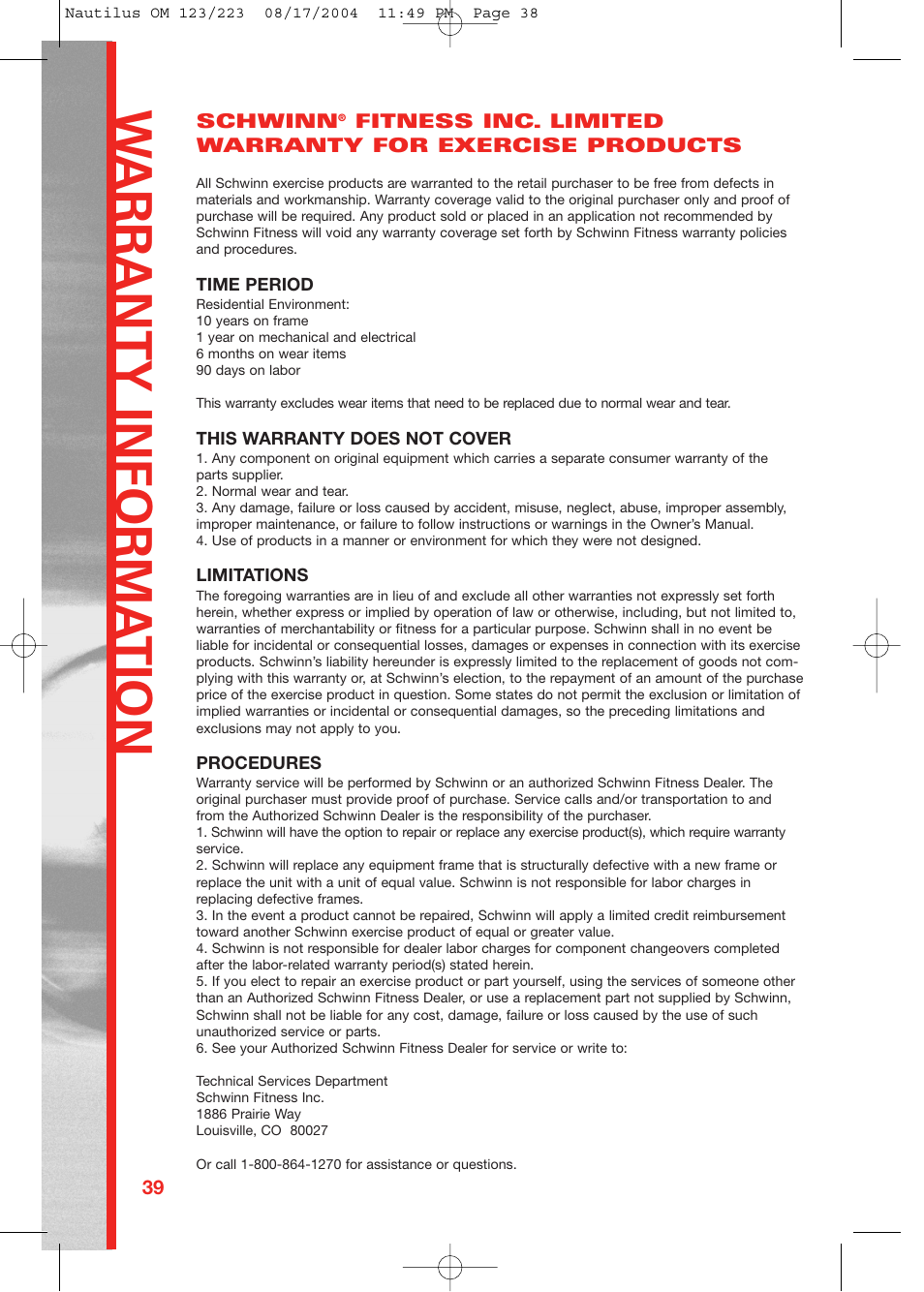 W arrant y informa tion | Schwinn 223 User Manual | Page 38 / 40