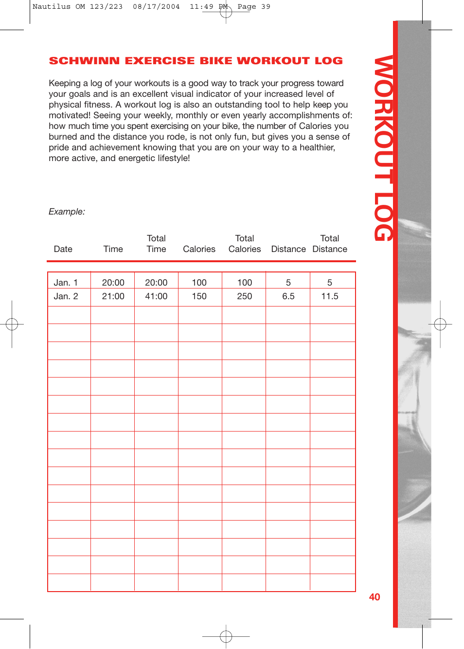 W ork out l o g | Schwinn 223 User Manual | Page 39 / 40