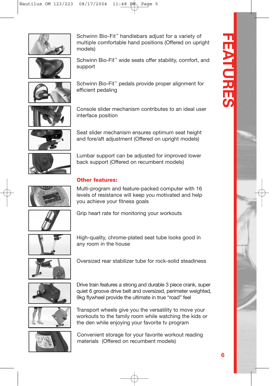 Fea tures | Schwinn 223 User Manual | Page 5 / 40