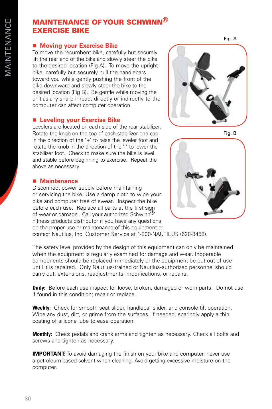 Maintenance of your schwinn® exercise bike | Schwinn SR23 User Manual | Page 30 / 44