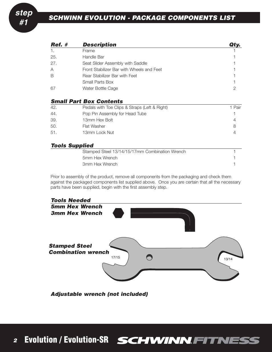 Evolution / evolution-sr, Step #1, Schwinn evolution - package components list | Schwinn EVOLUTION NS-754 User Manual | Page 2 / 8
