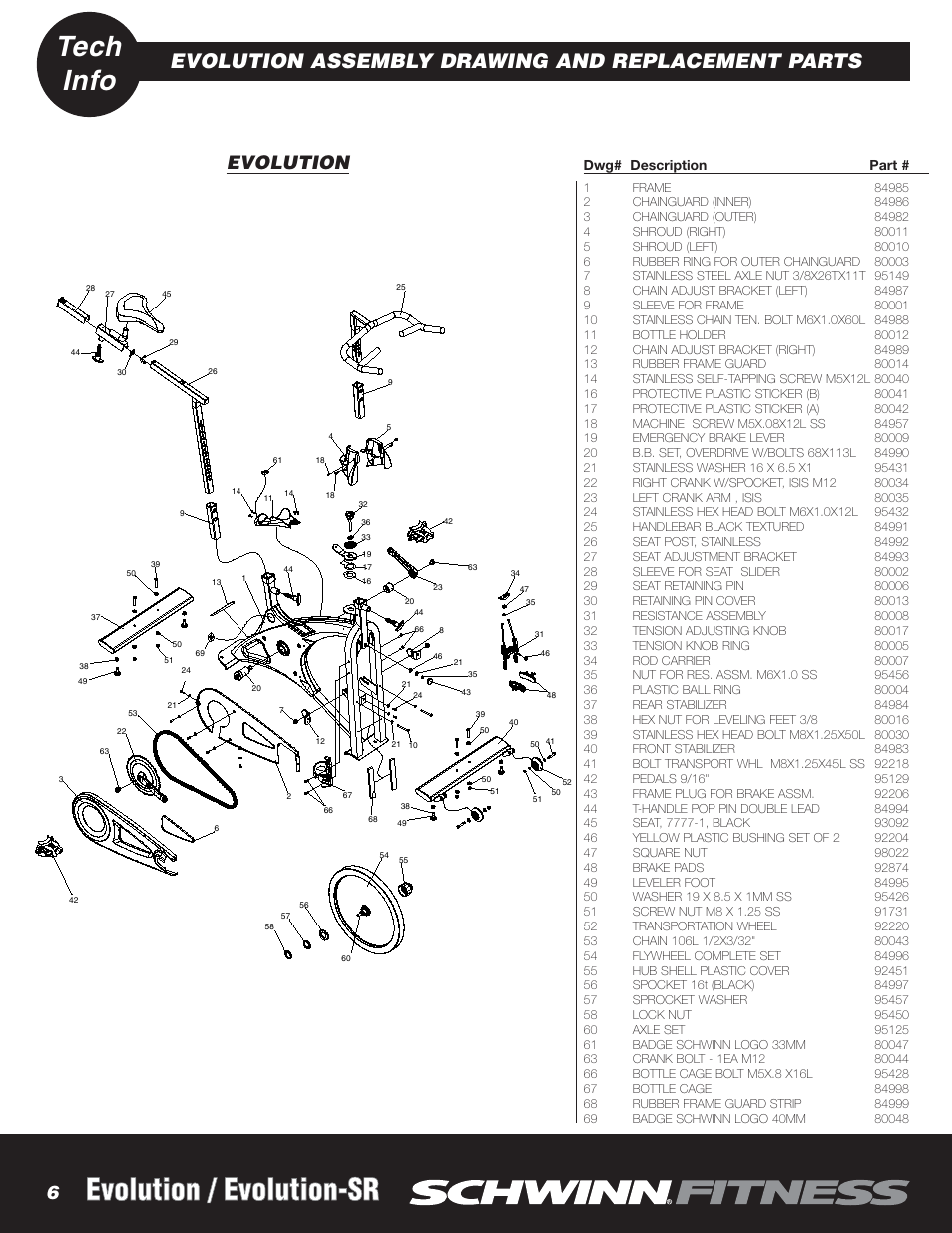 Evolution / evolution-sr, Tech info, Evolution assembly drawing and replacement parts | Evolution 6 | Schwinn EVOLUTION NS-754 User Manual | Page 6 / 8