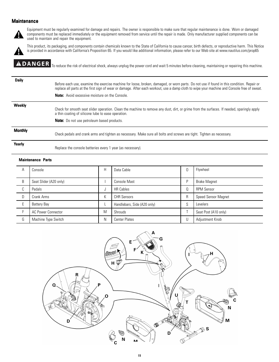 No title, Maintenance | Schwinn NAUTILUS A10 User Manual | Page 11 / 16