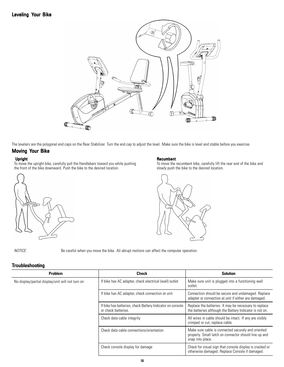 Leveling your bike, Moving your bike, No title | Troubleshooting | Schwinn NAUTILUS A10 User Manual | Page 13 / 16