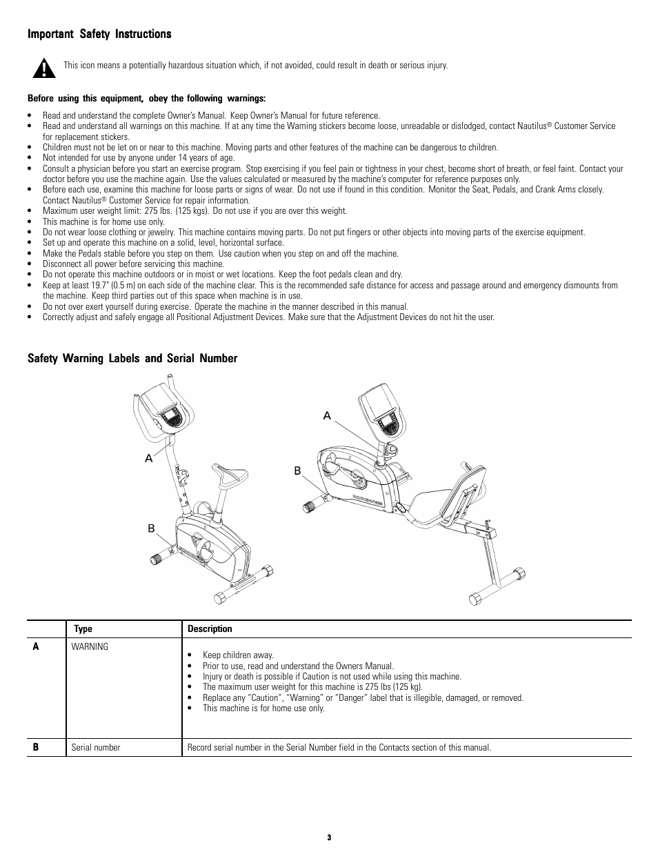 No title, Important safety instructions, Safety warning labels and serial number | Schwinn NAUTILUS A10 User Manual | Page 3 / 16