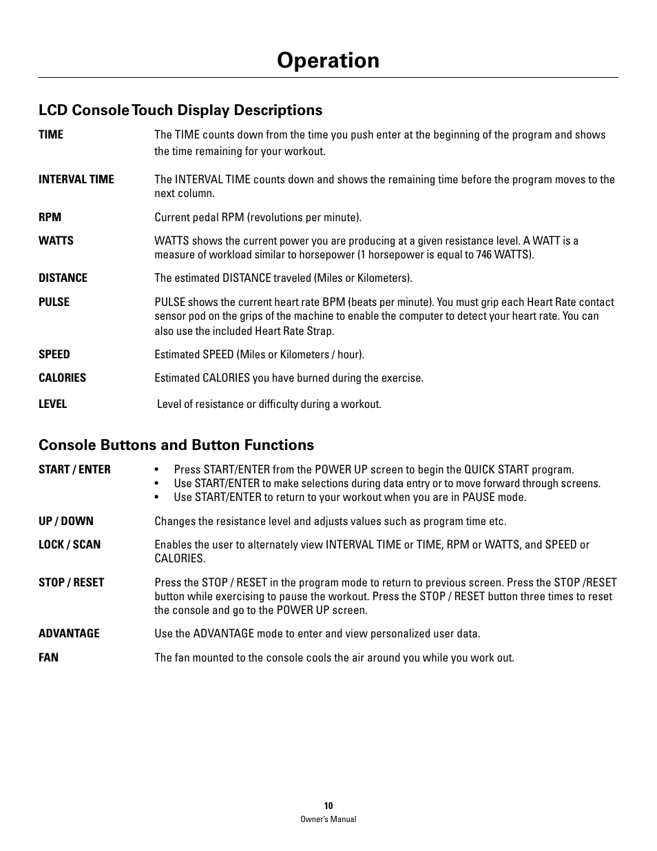 Operation, Lcd console touch display descriptions, Console buttons and button functions | Schwinn 460 User Manual | Page 12 / 88