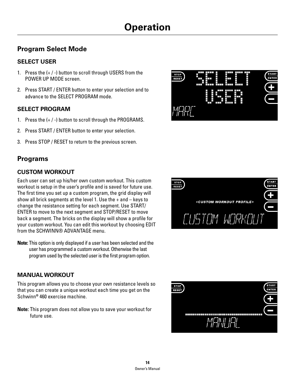 Operation, Program select mode, Programs | Schwinn 460 User Manual | Page 16 / 88