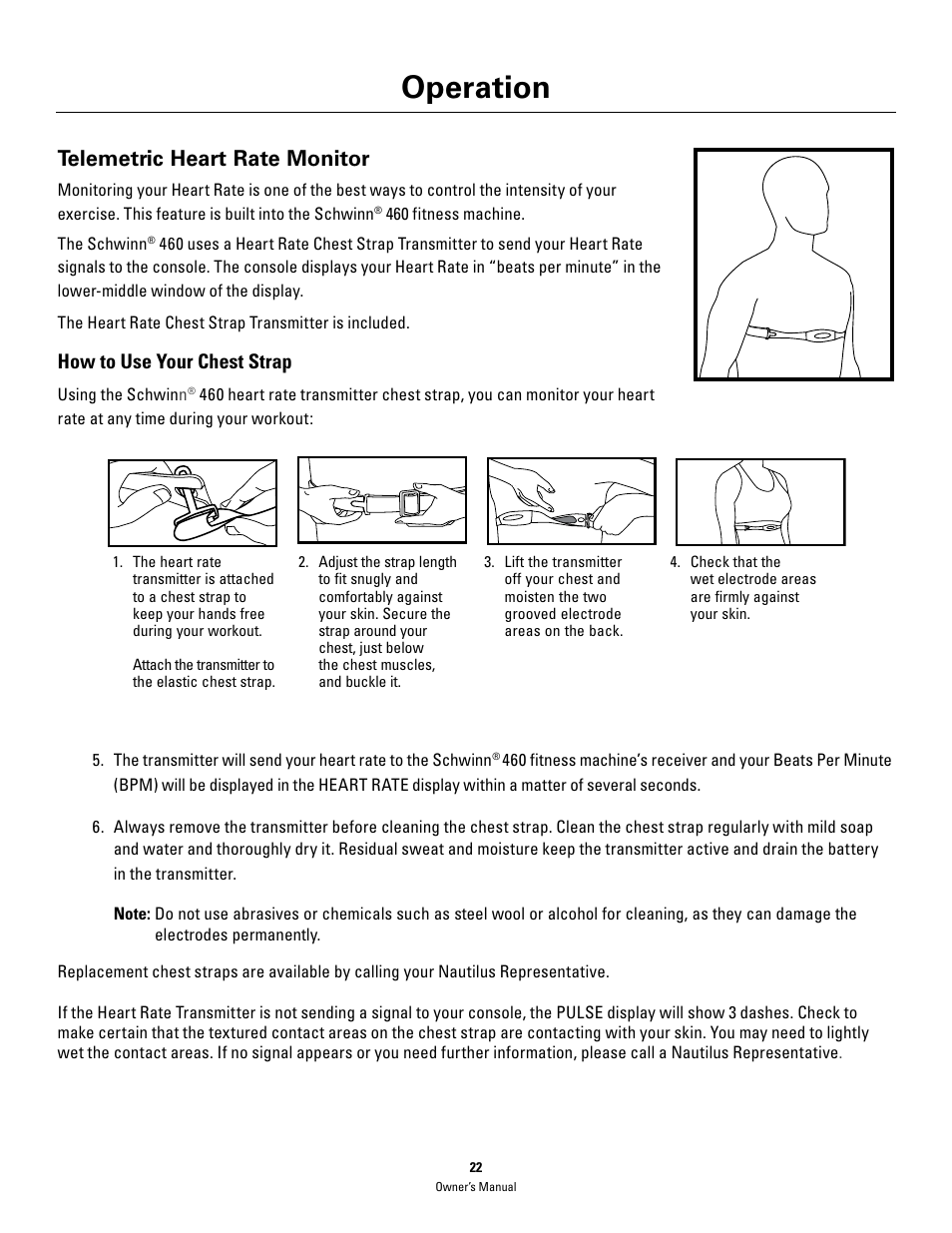 Operation, Telemetric heart rate monitor, How to use your chest strap | Schwinn 460 User Manual | Page 24 / 88