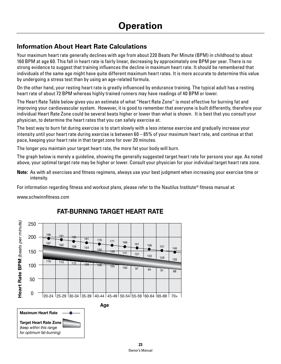 Operation, Information about heart rate calculations | Schwinn 460 User Manual | Page 25 / 88