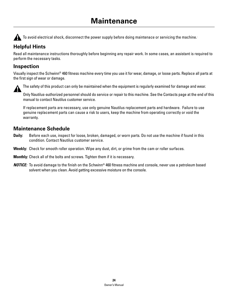 Maintenance, Helpful hints, Inspection | Maintenance schedule | Schwinn 460 User Manual | Page 26 / 88