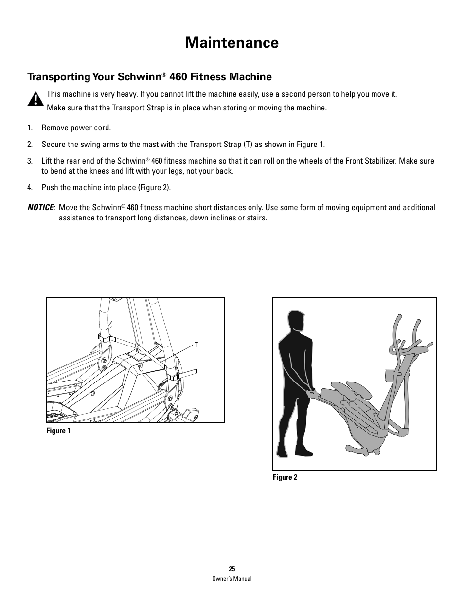 Maintenance, Transporting your schwinn, 460 fitness machine | Schwinn 460 User Manual | Page 27 / 88