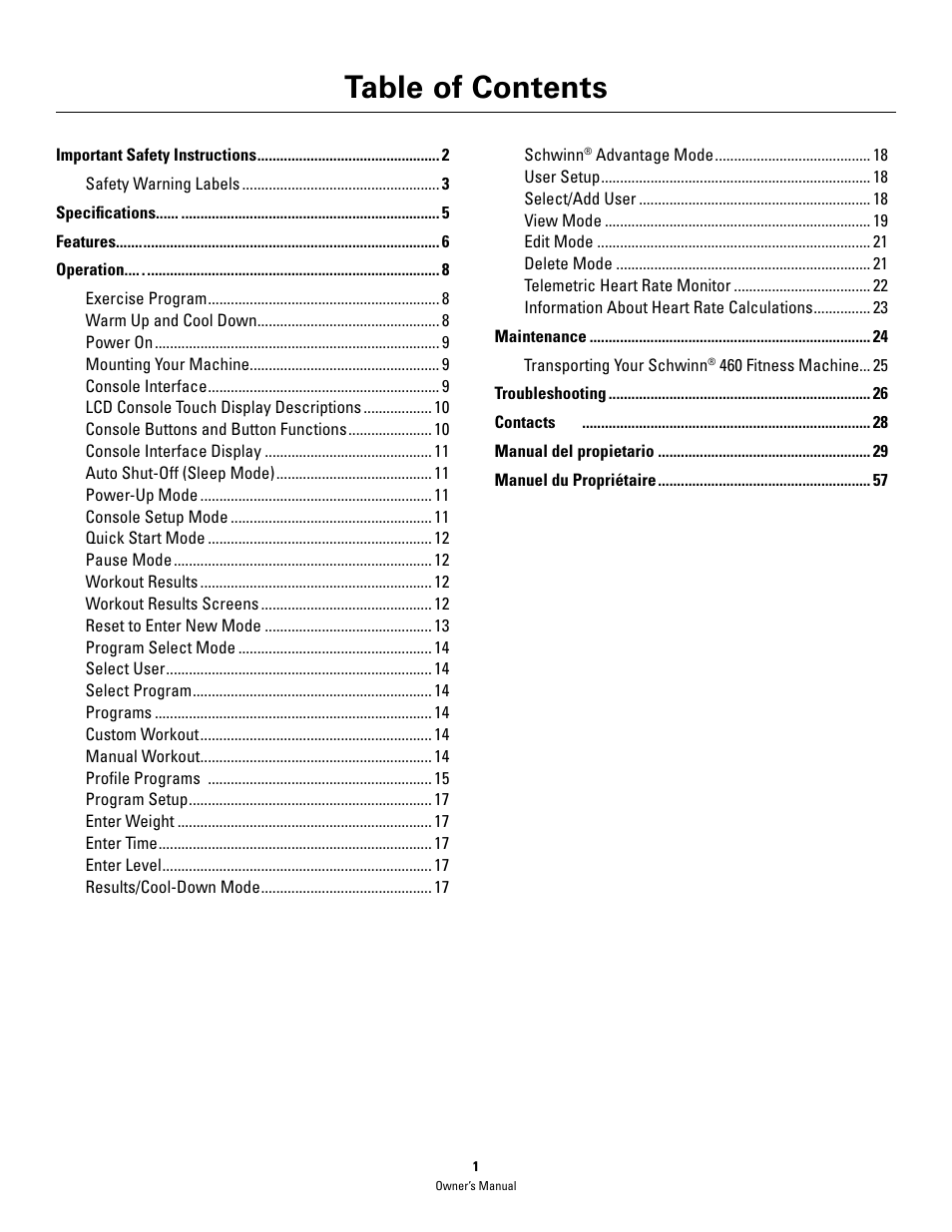 Schwinn 460 User Manual | Page 3 / 88