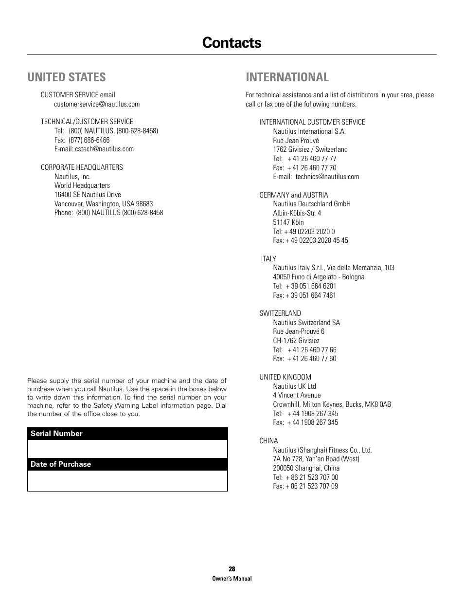 Contacts, United states, International | Schwinn 460 User Manual | Page 30 / 88