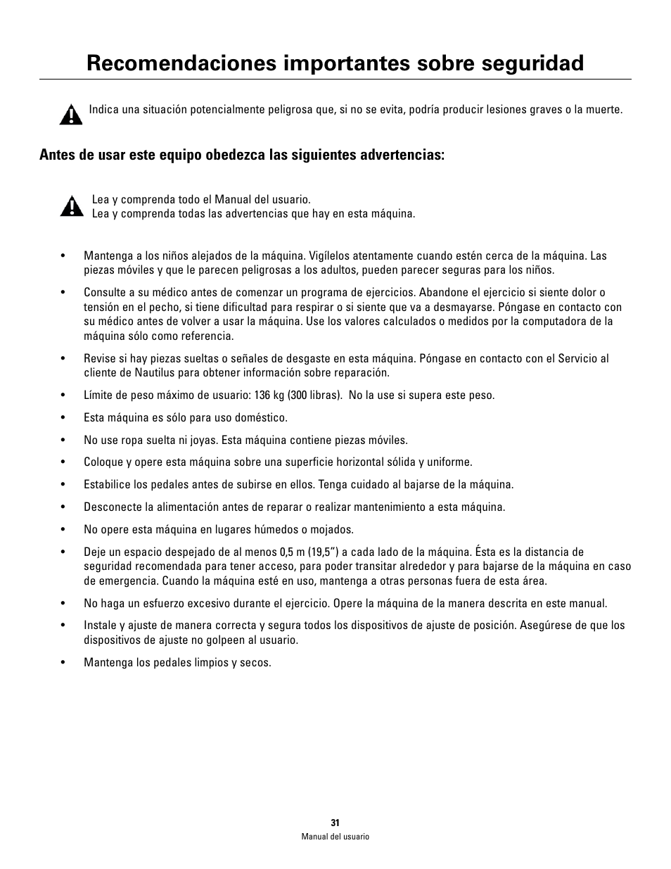 Recomendaciones importantes sobre seguridad | Schwinn 460 User Manual | Page 33 / 88