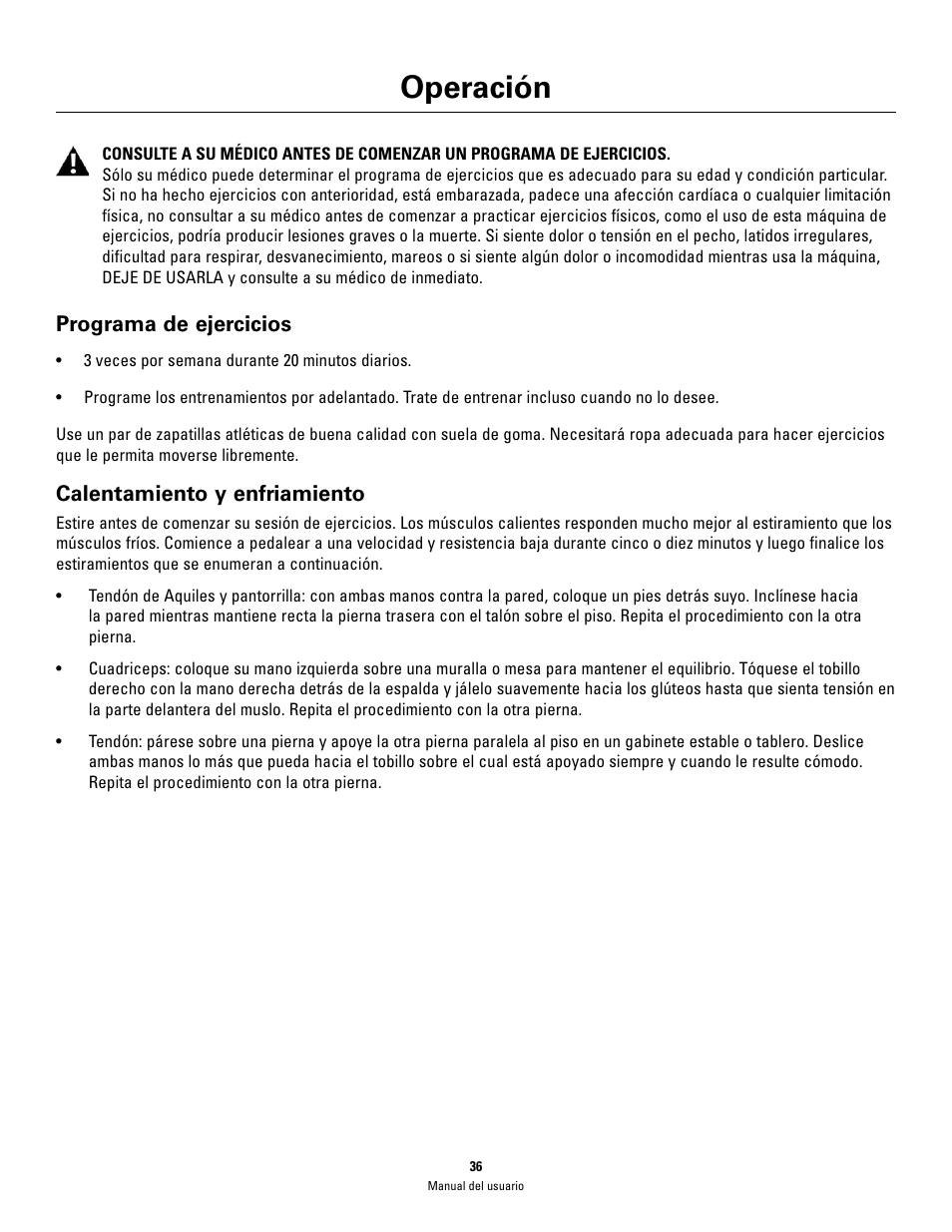 Operación, Programa de ejercicios, Calentamiento y enfriamiento | Schwinn 460 User Manual | Page 38 / 88