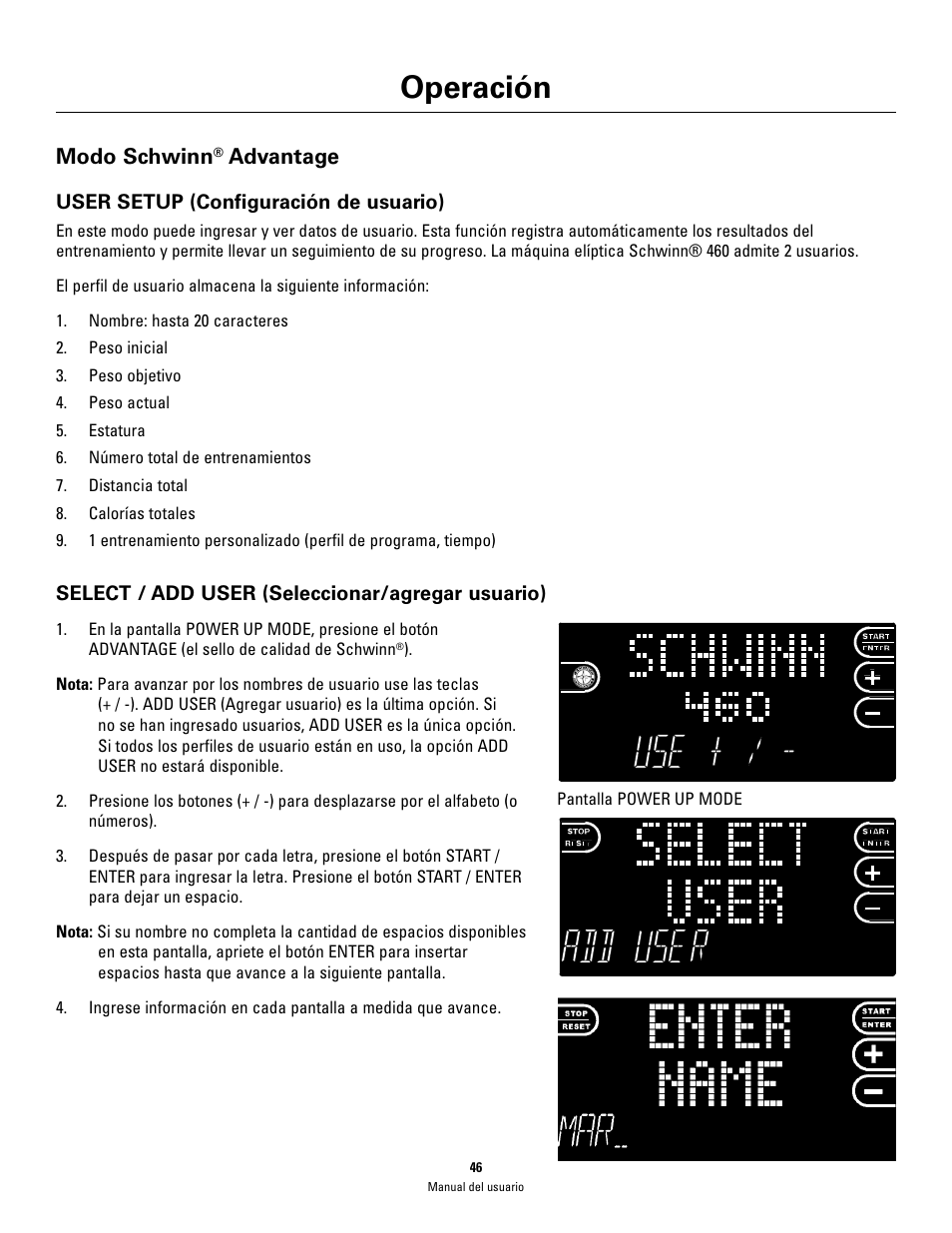 Operación, Modo schwinn, Advantage | Schwinn 460 User Manual | Page 48 / 88