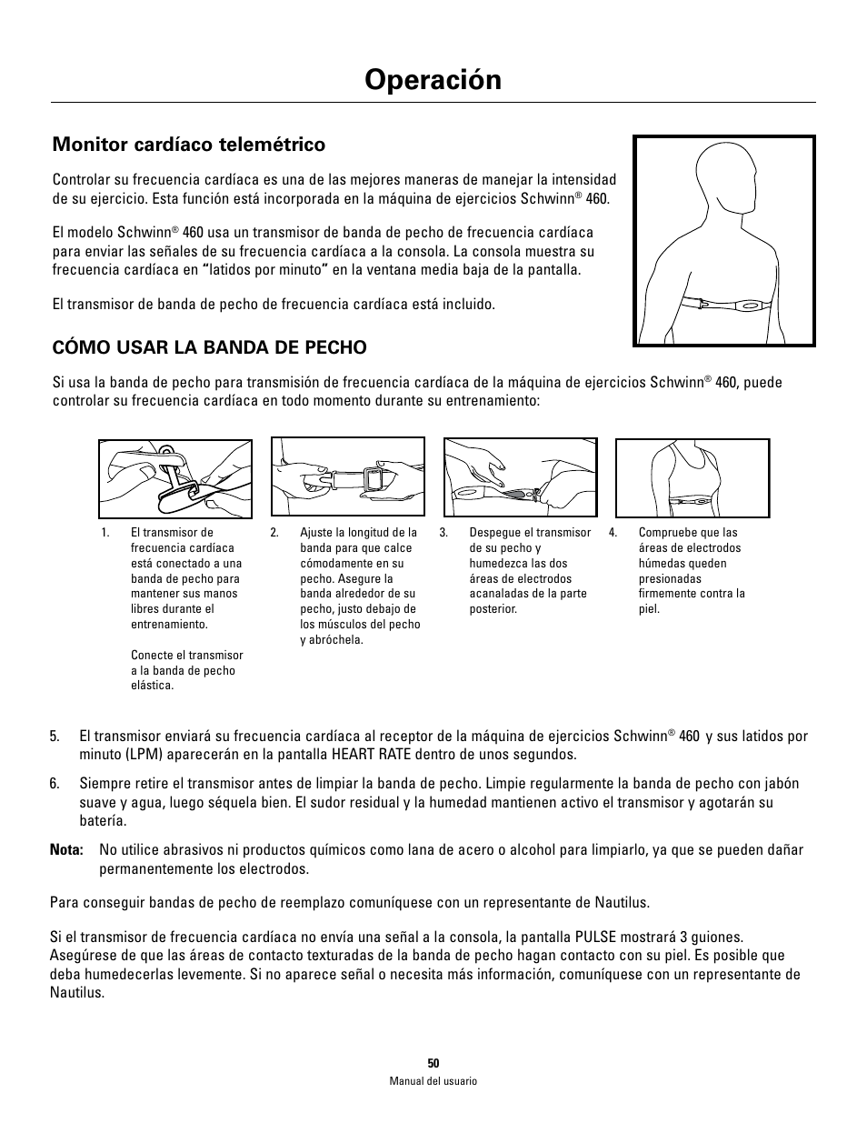 Operación, Monitor cardíaco telemétrico, Cómo usar la banda de pecho | Schwinn 460 User Manual | Page 52 / 88