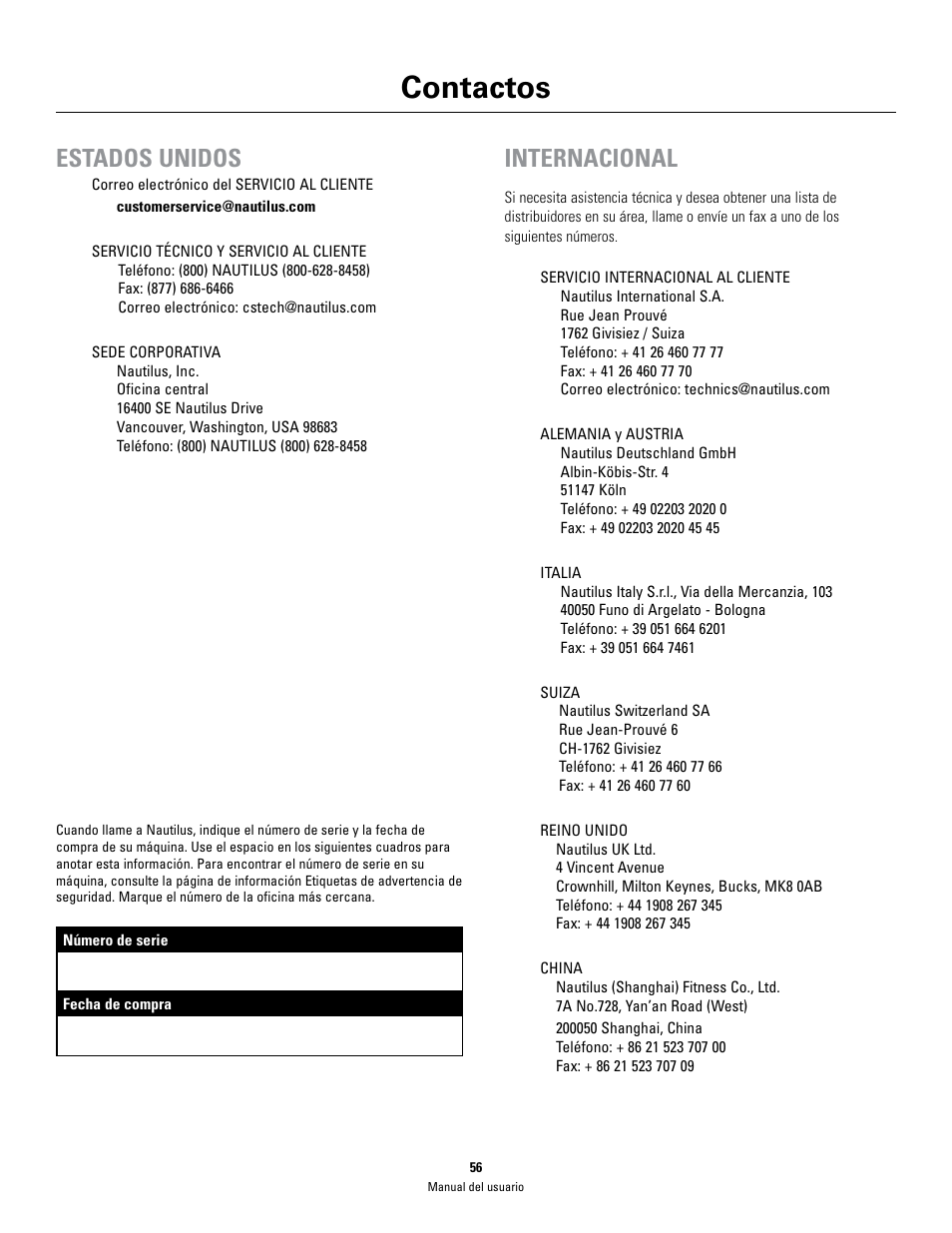 Contactos, Estados unidos, Internacional | Schwinn 460 User Manual | Page 58 / 88