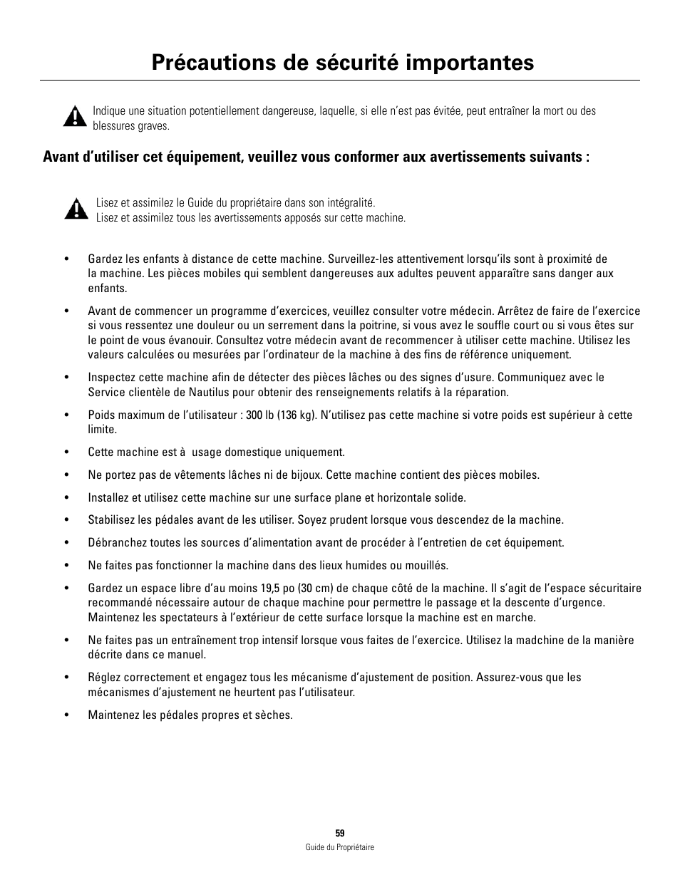 Précautions de sécurité importantes | Schwinn 460 User Manual | Page 61 / 88