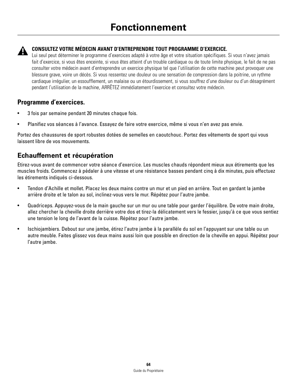 Fonctionnement, Programme d’exercices, Echauffement et récupération | Schwinn 460 User Manual | Page 66 / 88