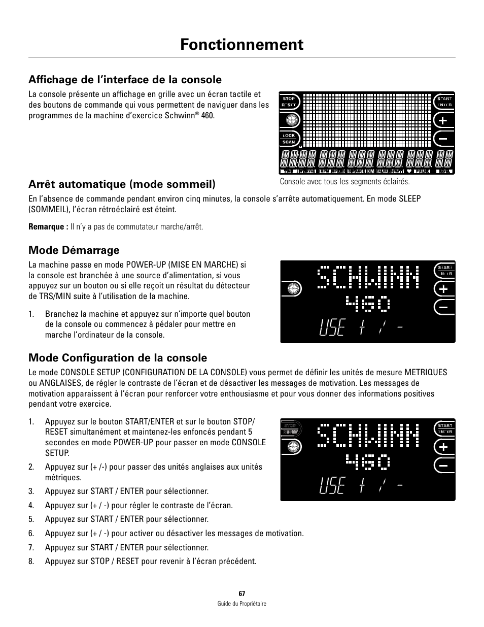 Fonctionnement, Affichage de l’interface de la console, Arrêt automatique (mode sommeil) | Mode démarrage, Mode configuration de la console | Schwinn 460 User Manual | Page 69 / 88