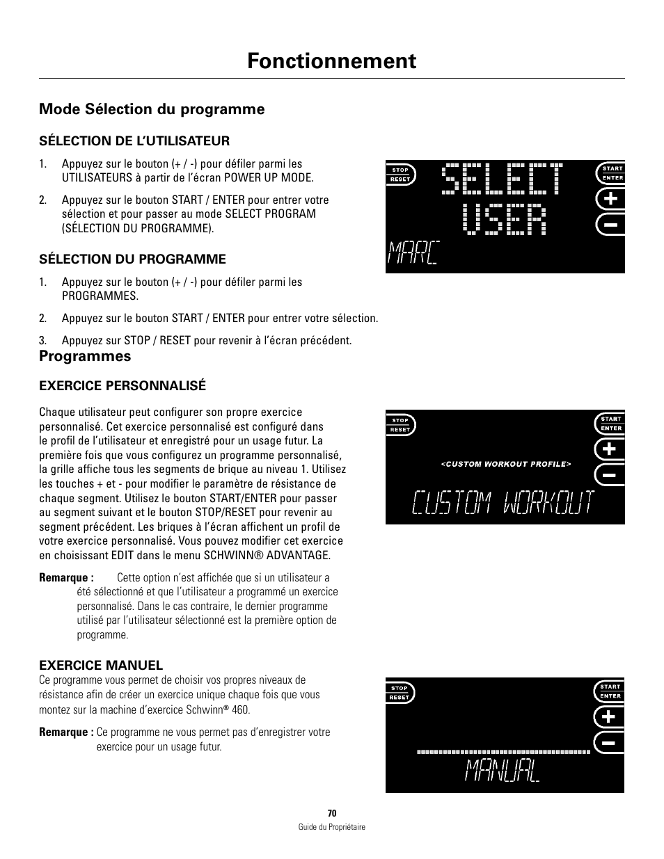 Fonctionnement, Mode sélection du programme, Programmes | Schwinn 460 User Manual | Page 72 / 88