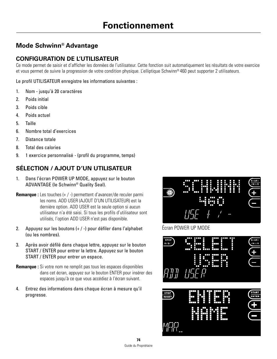 Fonctionnement, Mode schwinn, Advantage | Schwinn 460 User Manual | Page 76 / 88