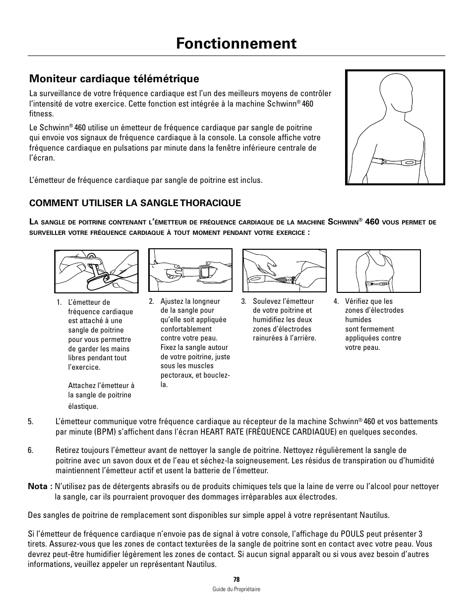 Fonctionnement, Moniteur cardiaque télémétrique | Schwinn 460 User Manual | Page 80 / 88