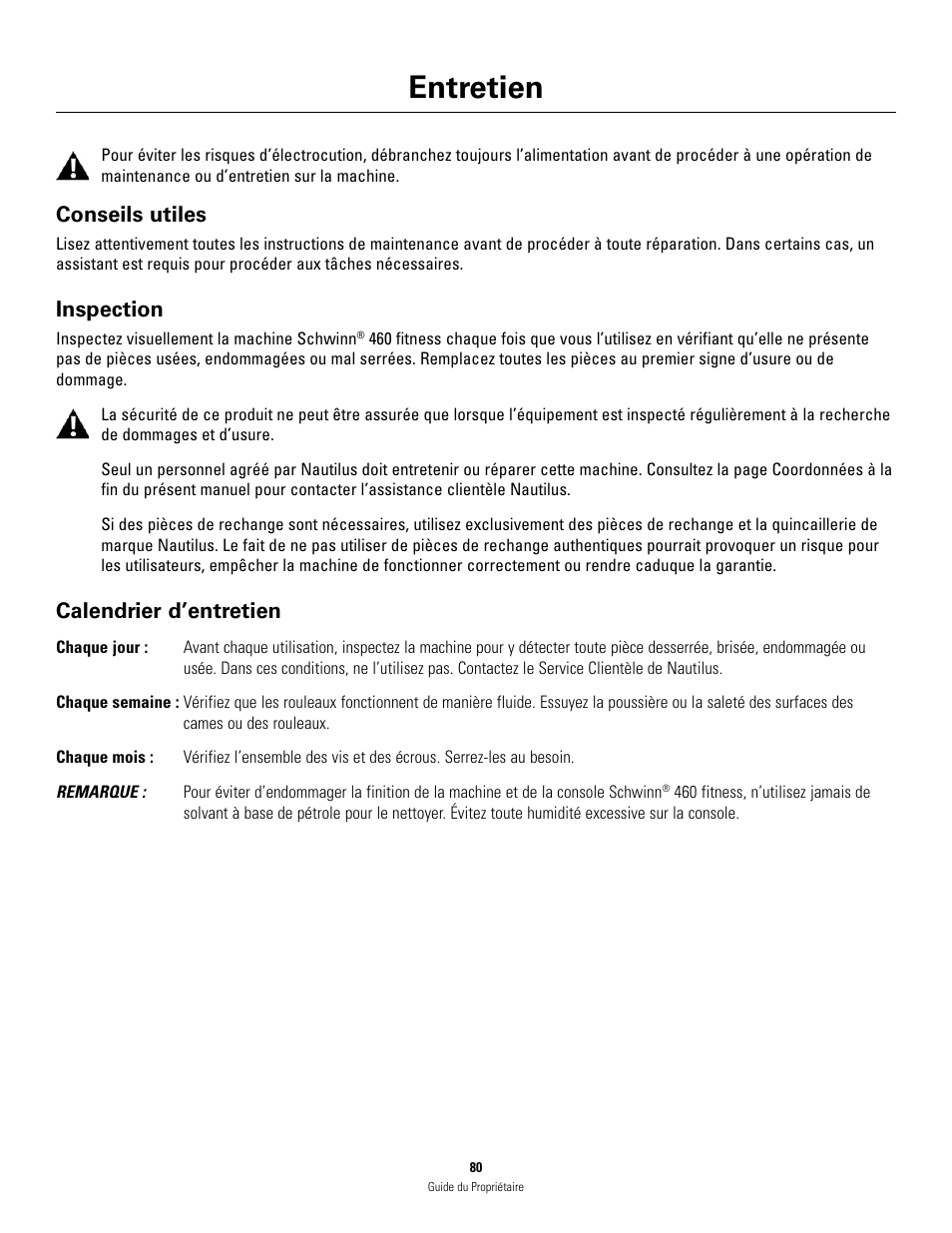 Entretien, Conseils utiles, Inspection | Calendrier d’entretien | Schwinn 460 User Manual | Page 82 / 88