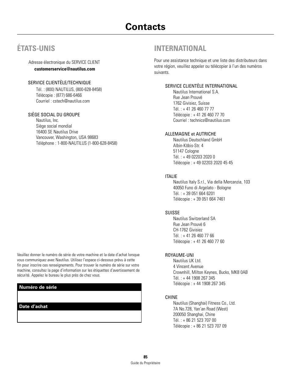 Contacts, États-unis, International | Schwinn 460 User Manual | Page 87 / 88