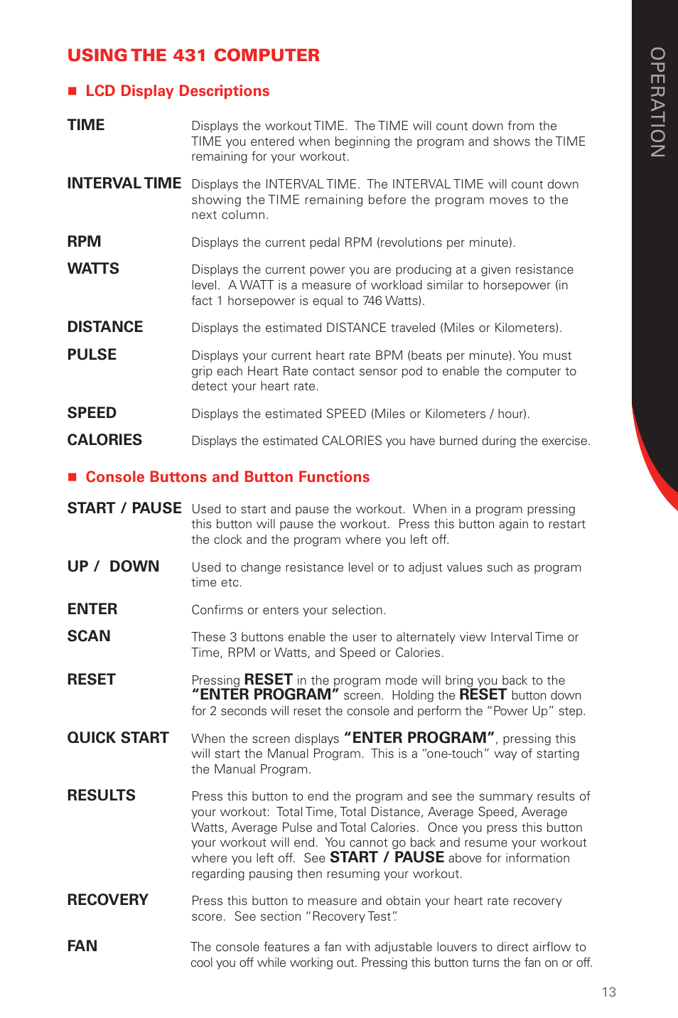 Using the 431 computer | Schwinn 431 User Manual | Page 13 / 42
