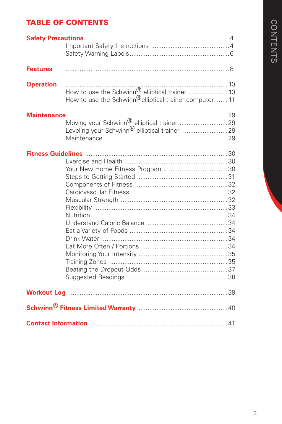 Co nt e nt s | Schwinn 431 User Manual | Page 3 / 42