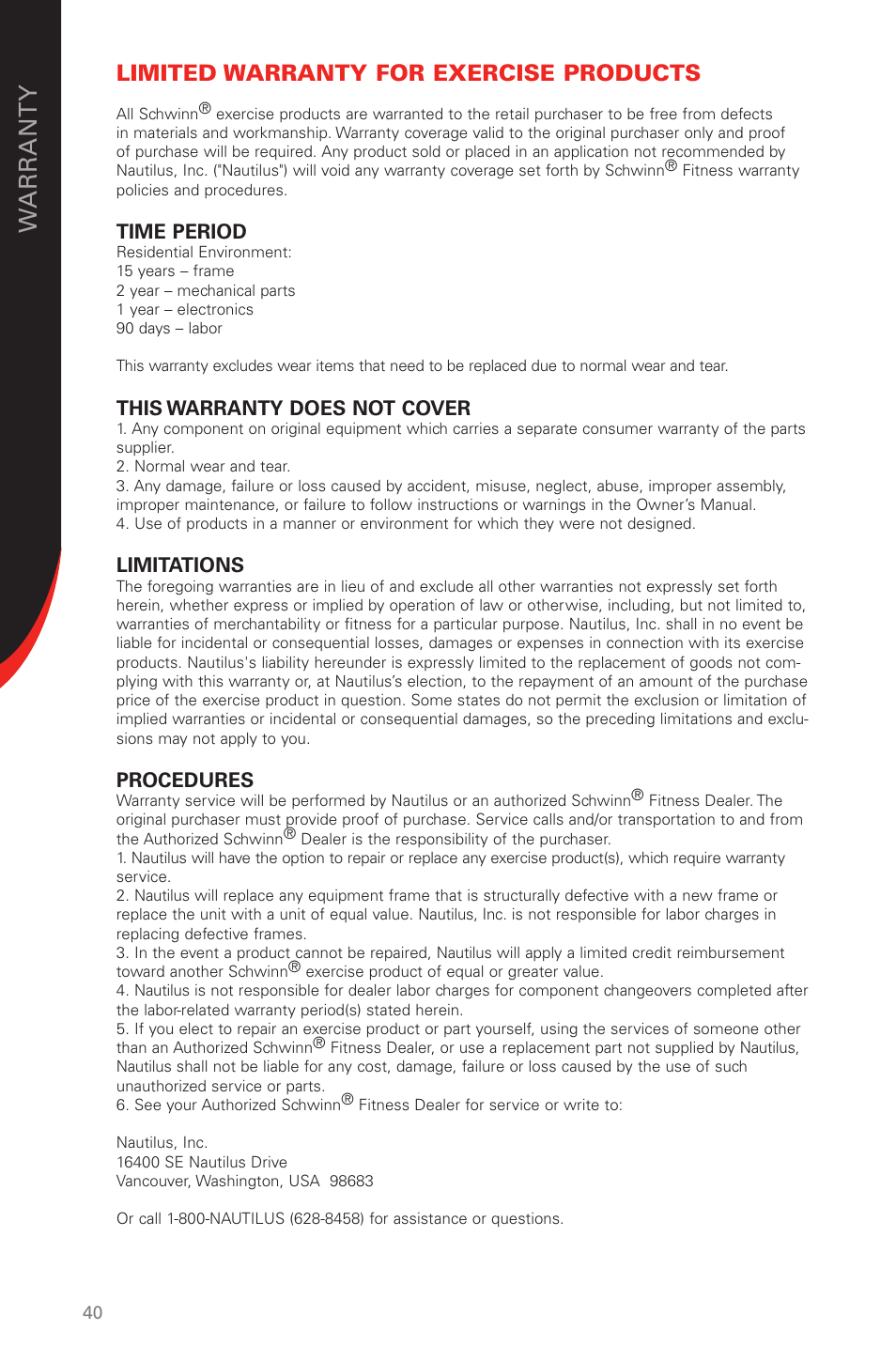 Limited warranty for exercise products | Schwinn 431 User Manual | Page 40 / 42