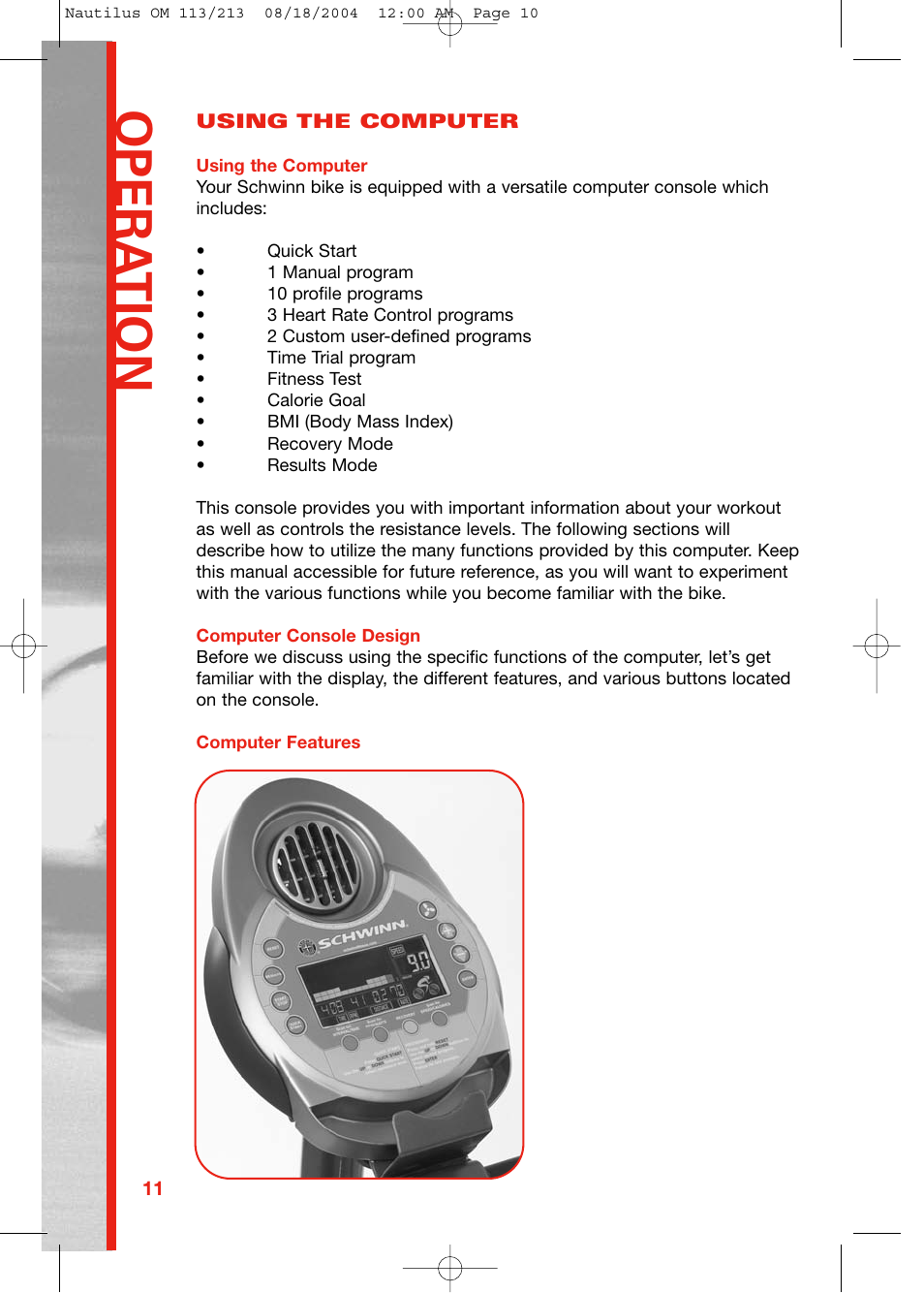 Opera tion | Schwinn 213 User Manual | Page 10 / 40