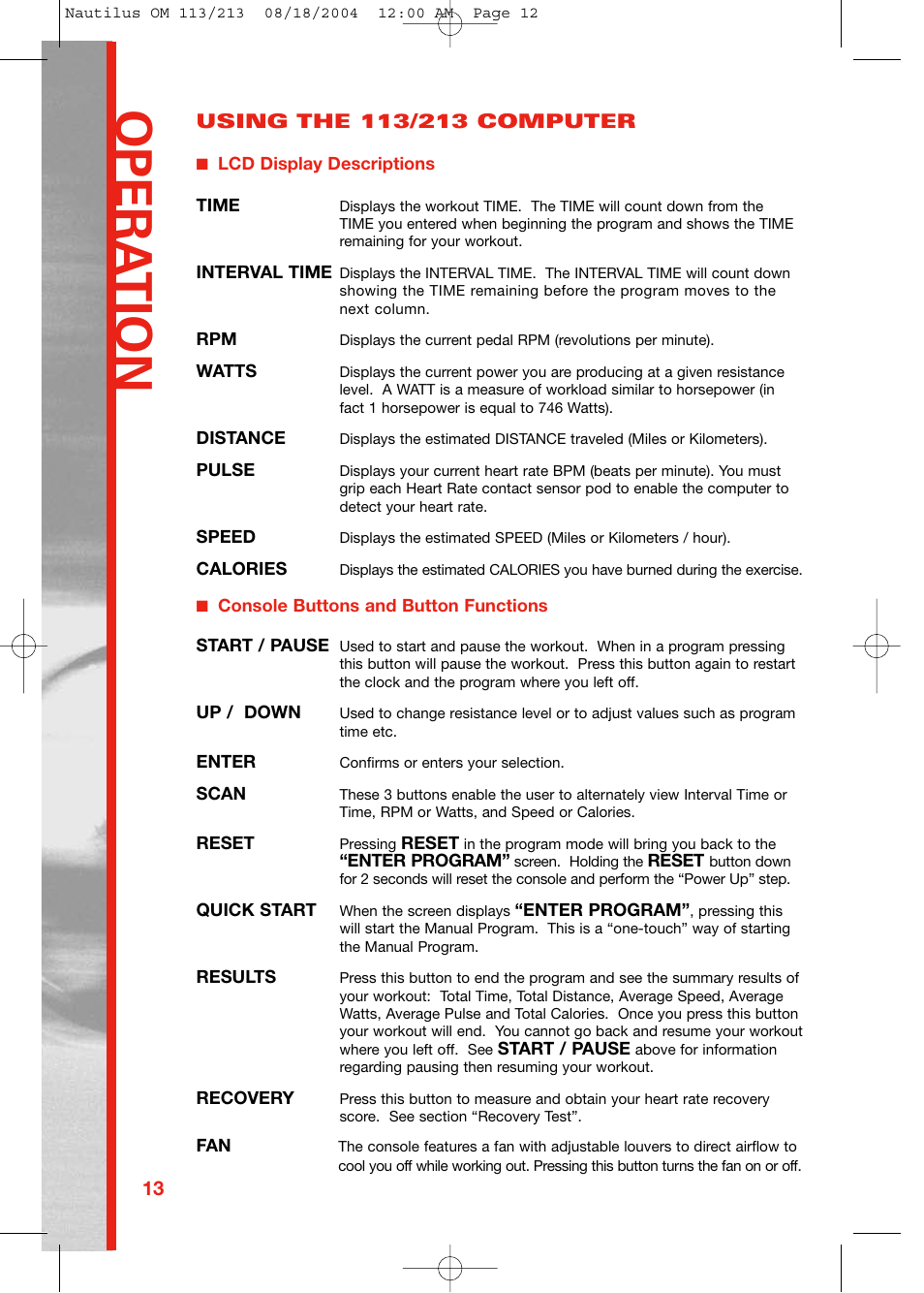 Opera tion | Schwinn 213 User Manual | Page 12 / 40