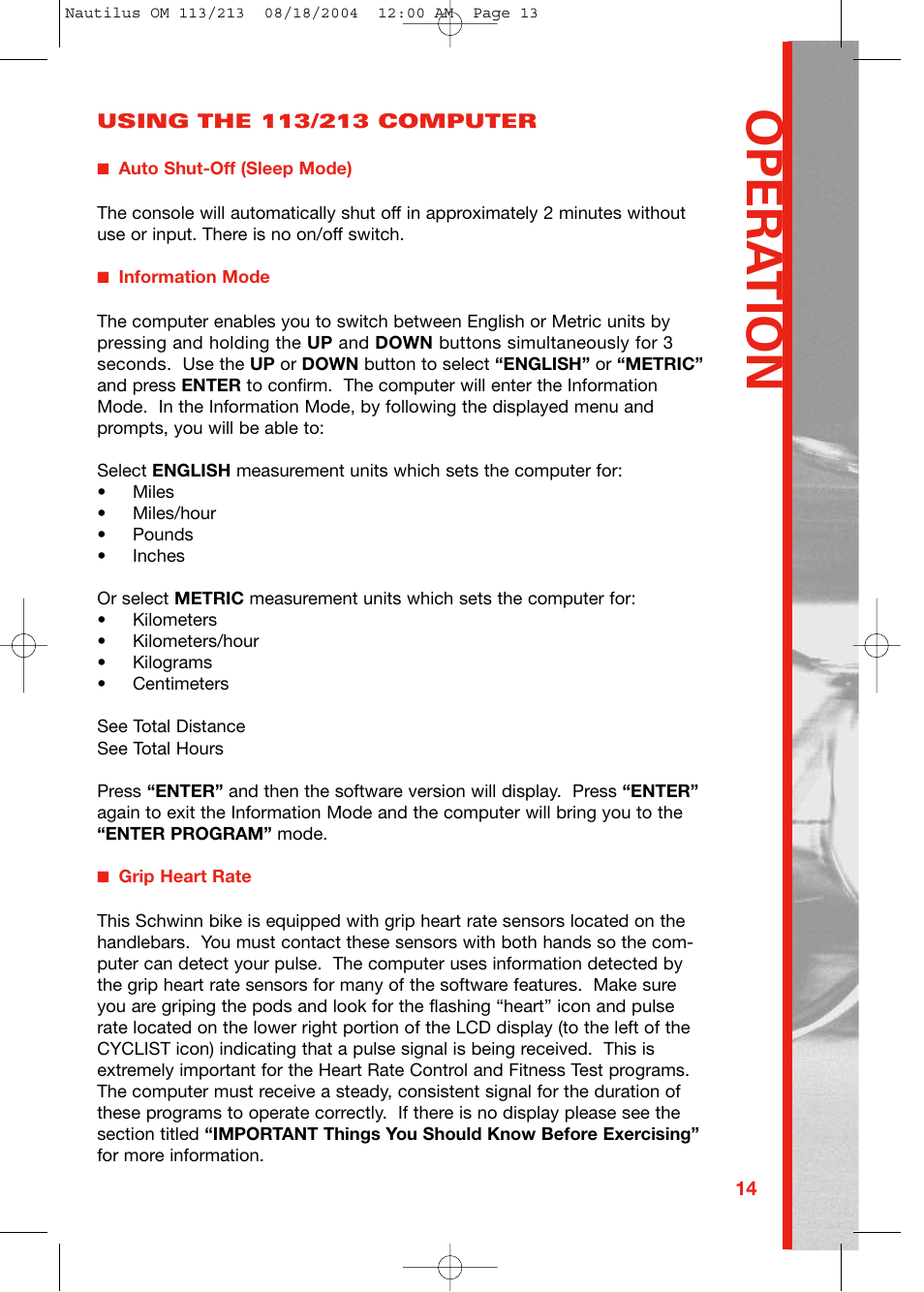 Opera tion | Schwinn 213 User Manual | Page 13 / 40