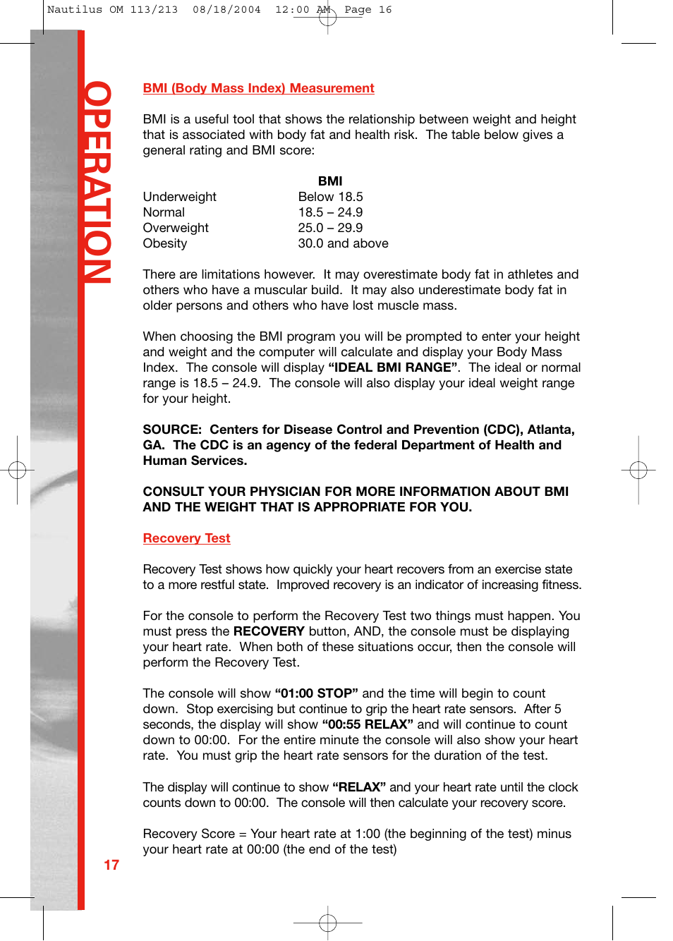 Opera tion | Schwinn 213 User Manual | Page 16 / 40