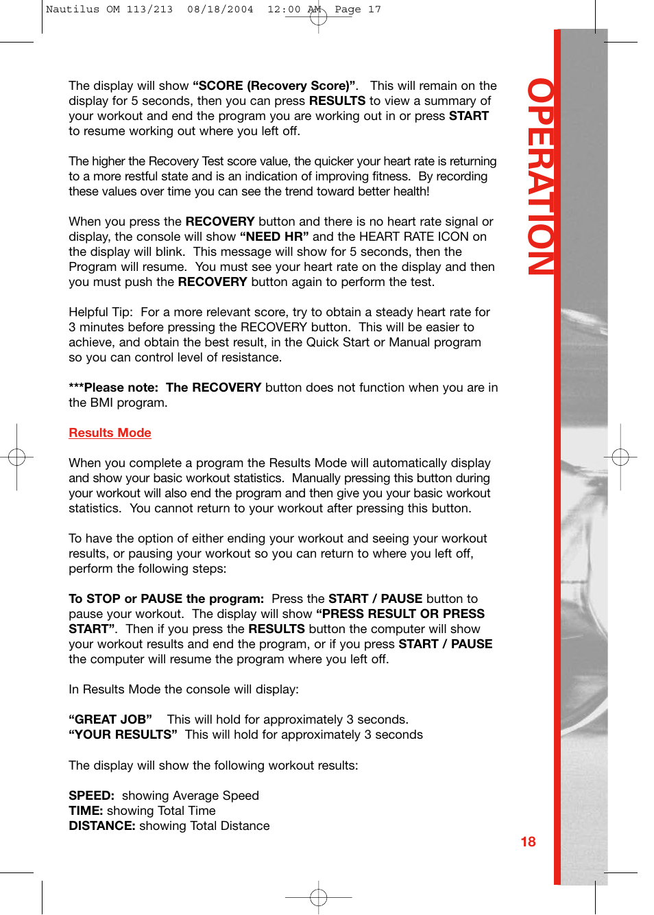 Opera tion | Schwinn 213 User Manual | Page 17 / 40