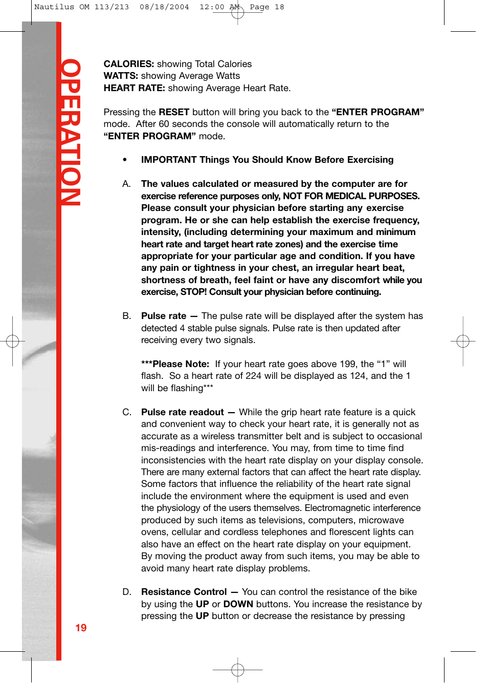 Opera tion | Schwinn 213 User Manual | Page 18 / 40