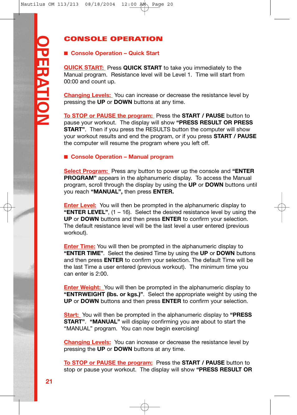 Opera tion | Schwinn 213 User Manual | Page 20 / 40