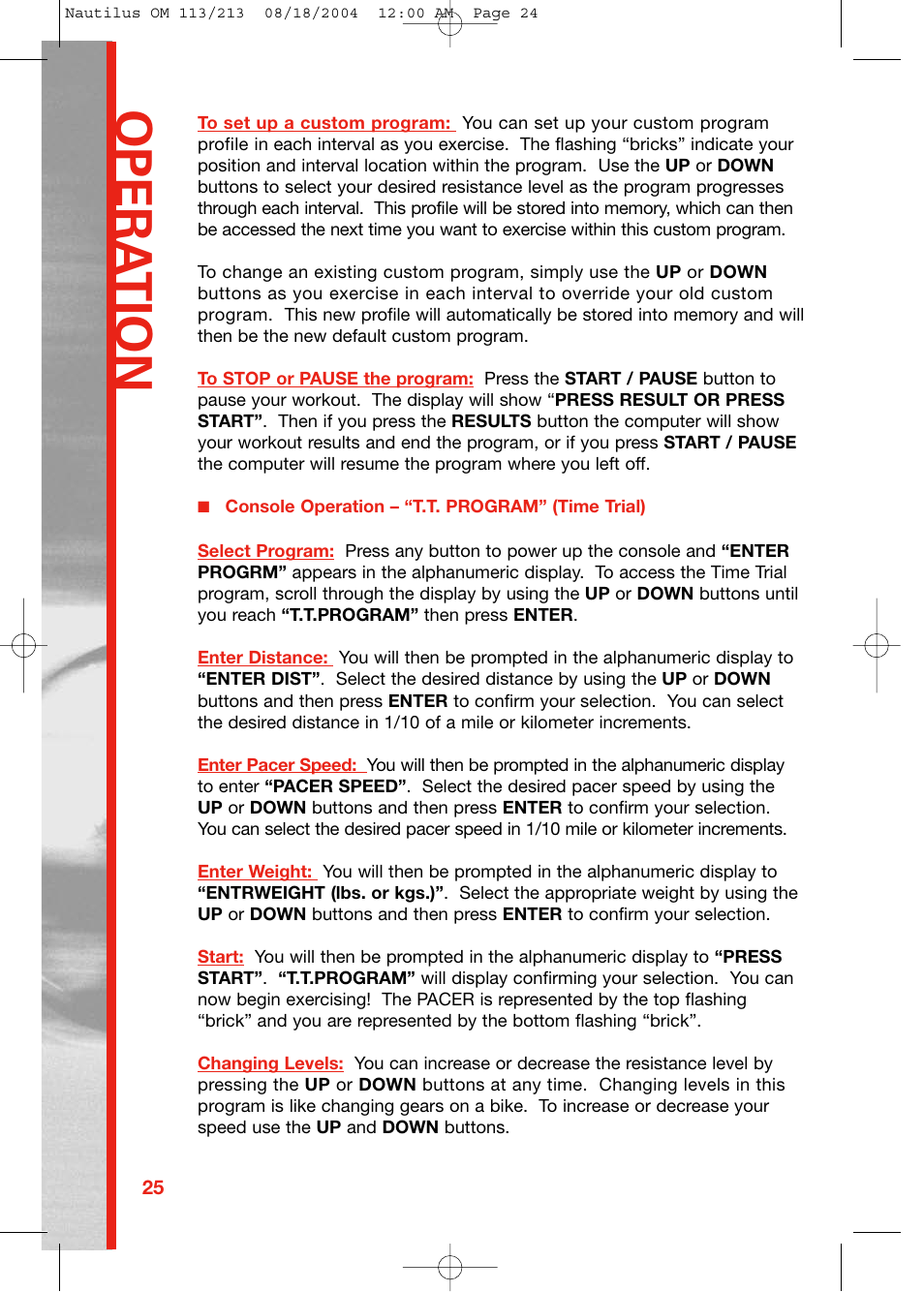 Opera tion | Schwinn 213 User Manual | Page 24 / 40