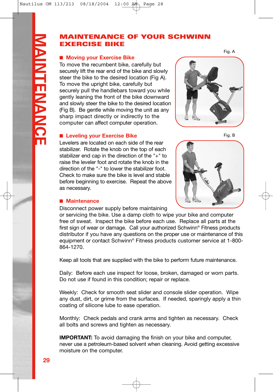 Maintenance | Schwinn 213 User Manual | Page 28 / 40