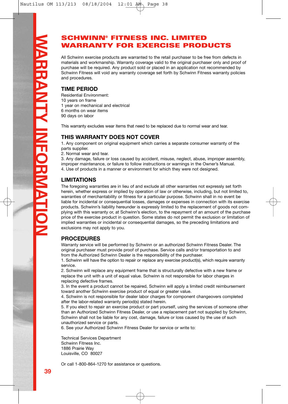 W arrant y informa tion | Schwinn 213 User Manual | Page 38 / 40