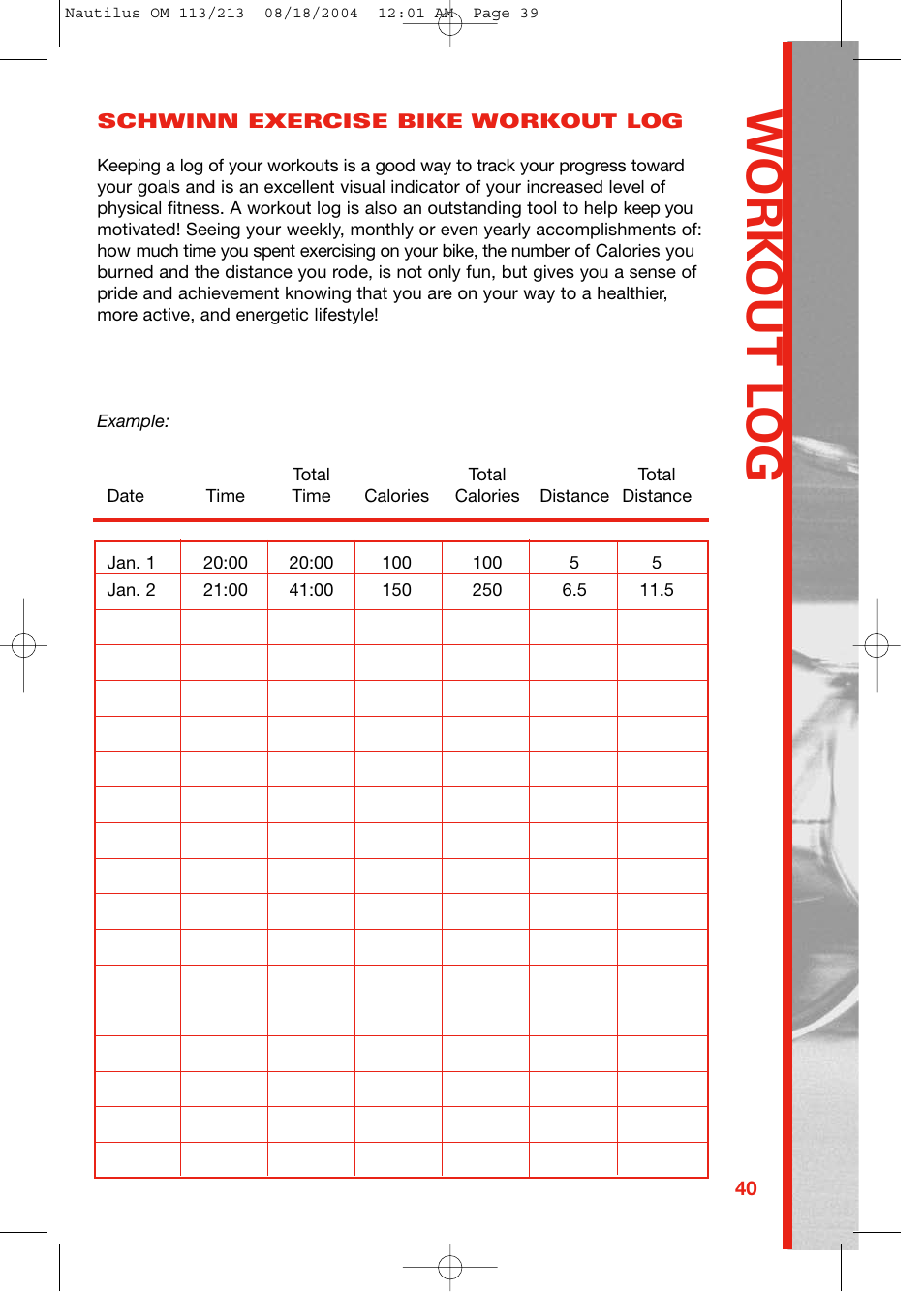 W ork out l og | Schwinn 213 User Manual | Page 39 / 40
