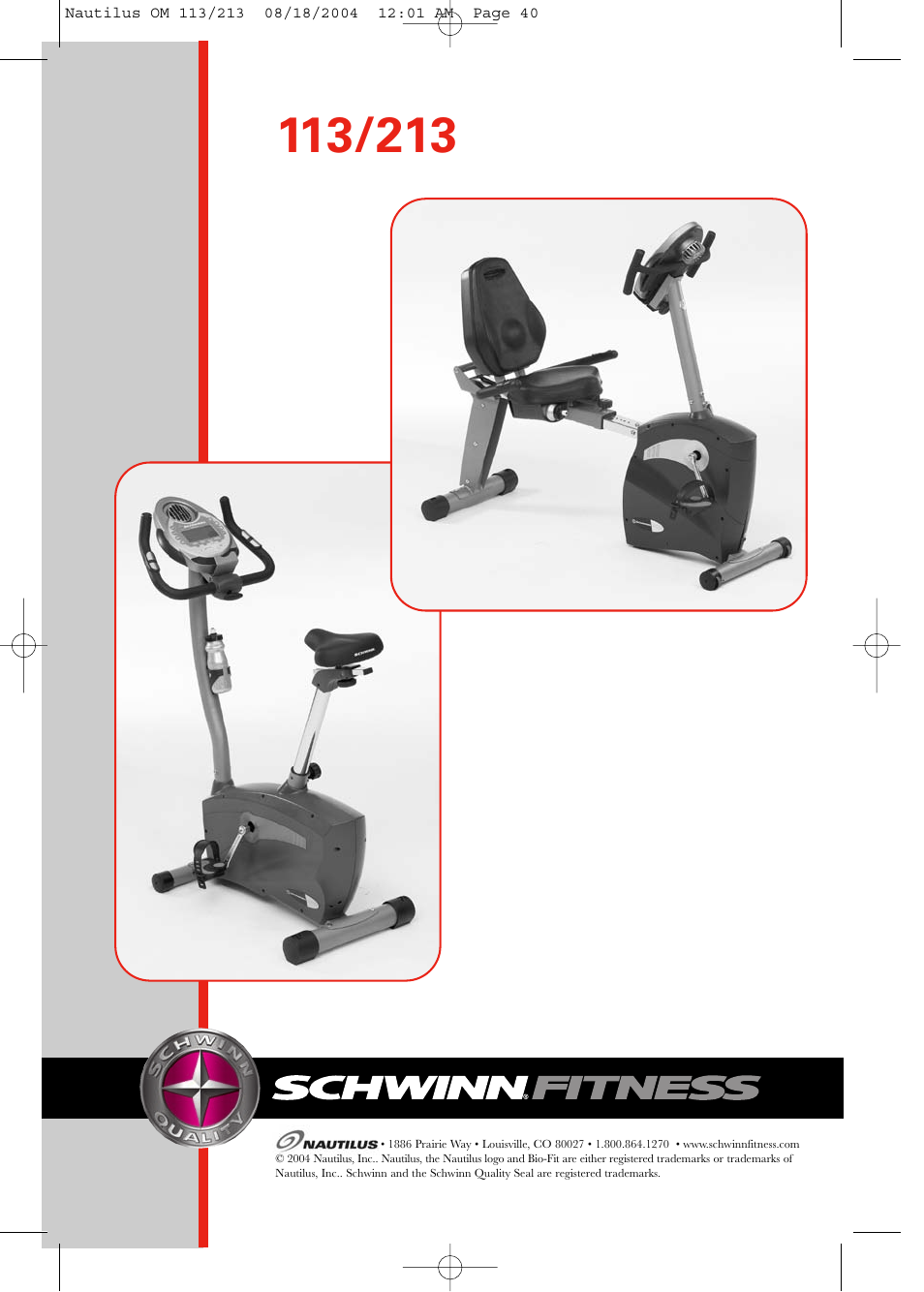 Schwinn 213 User Manual | Page 40 / 40