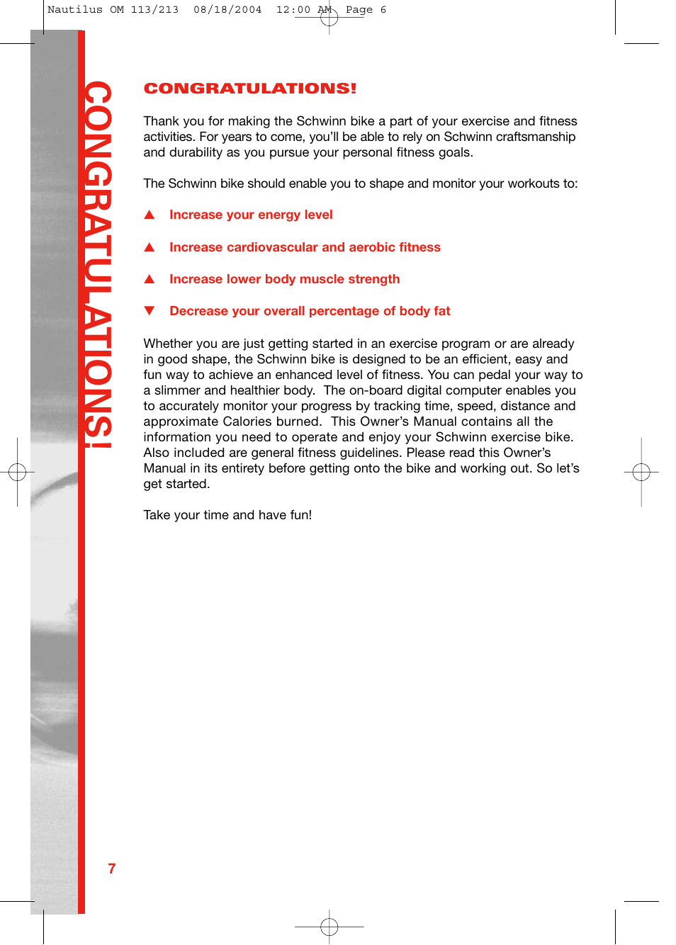 Congra tula tions | Schwinn 213 User Manual | Page 6 / 40